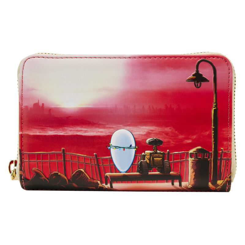 Red wallet featuring WALL-E and EVE on their date night watching the sunset together on a bench.
